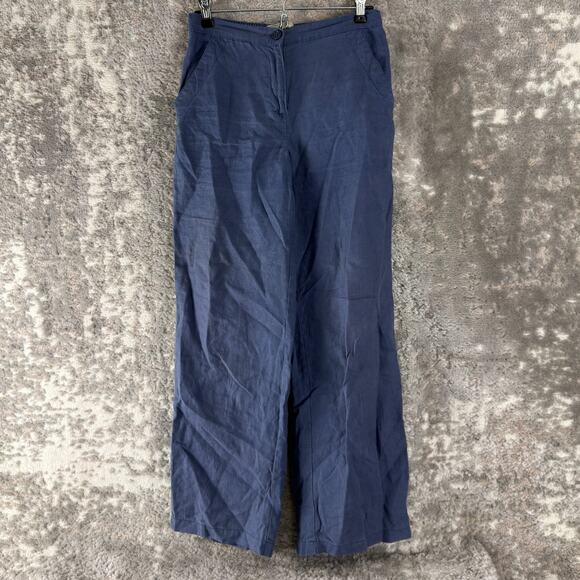 LL Bean Size 4 Classic Fit Straight Leg Linen Pants Blue Button Zip Casual - Picture 1 of 11